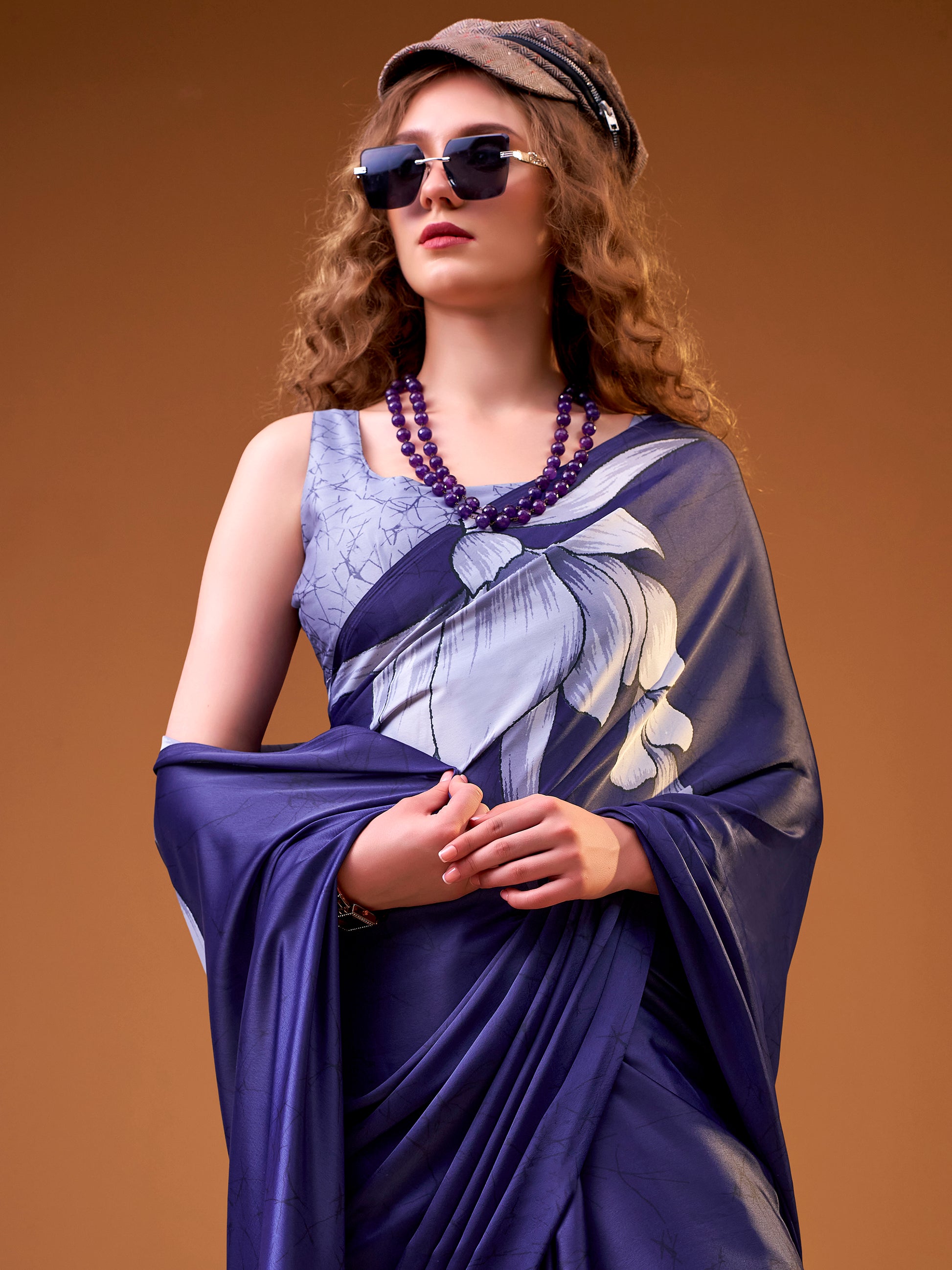 Incredible Navy Blue Floral Printed Satin Event Wear Saree With Blouse