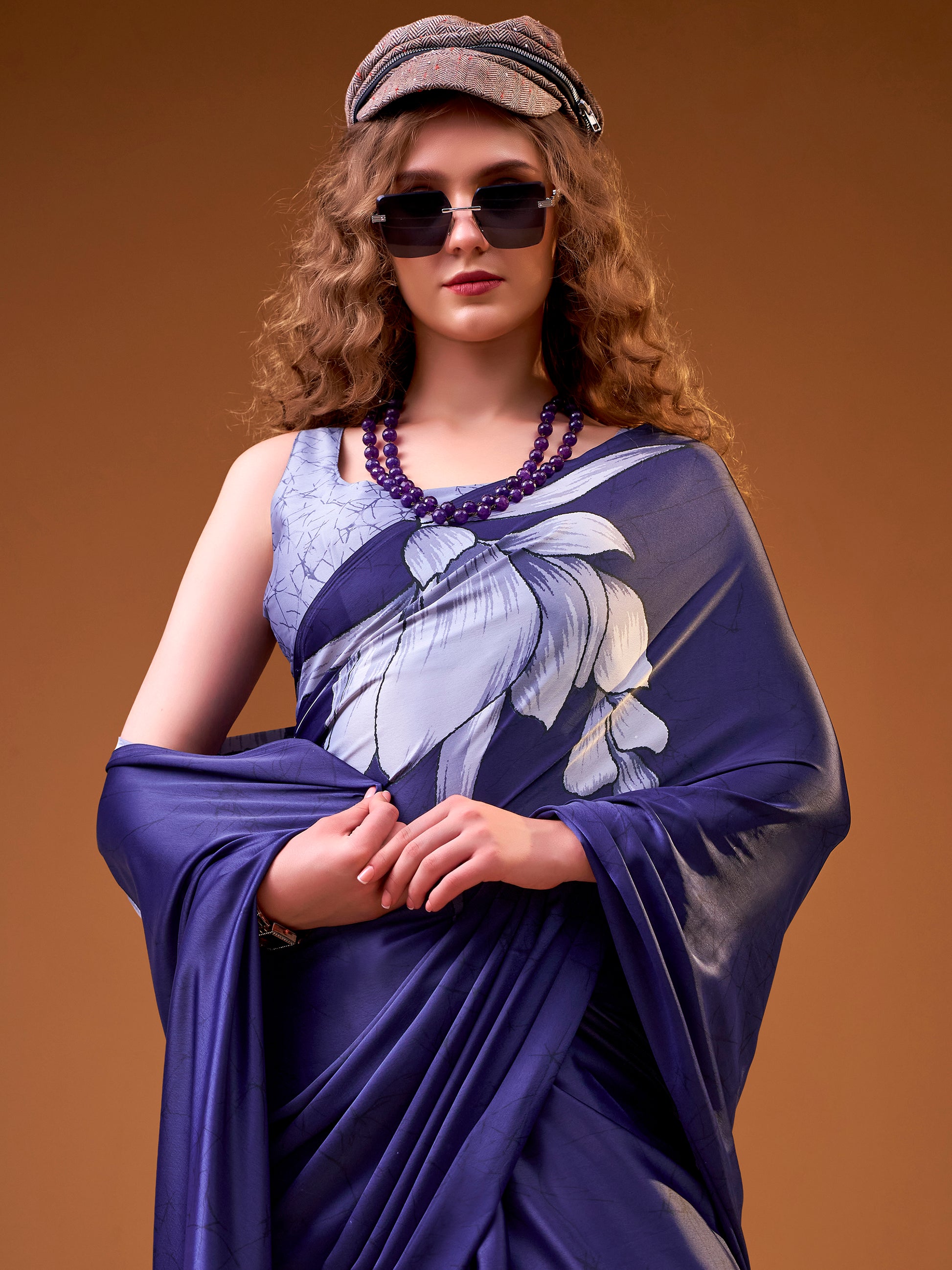 Incredible Navy Blue Floral Printed Satin Event Wear Saree With Blouse