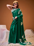 Fabulous Green Floral Printed Satin Festival Wear Saree With Blouse