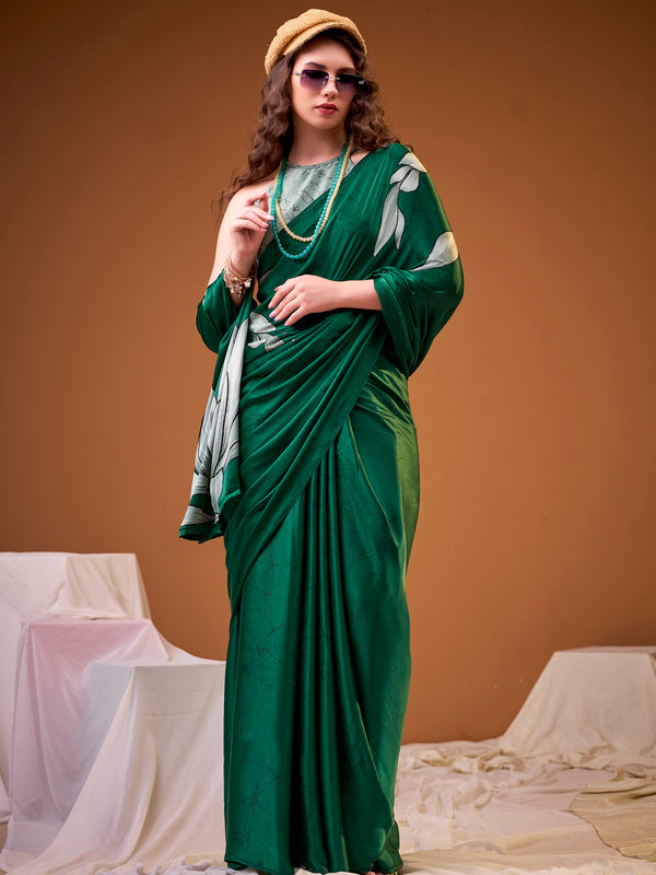 Fabulous Green Floral Printed Satin Festival Wear Saree With Blouse