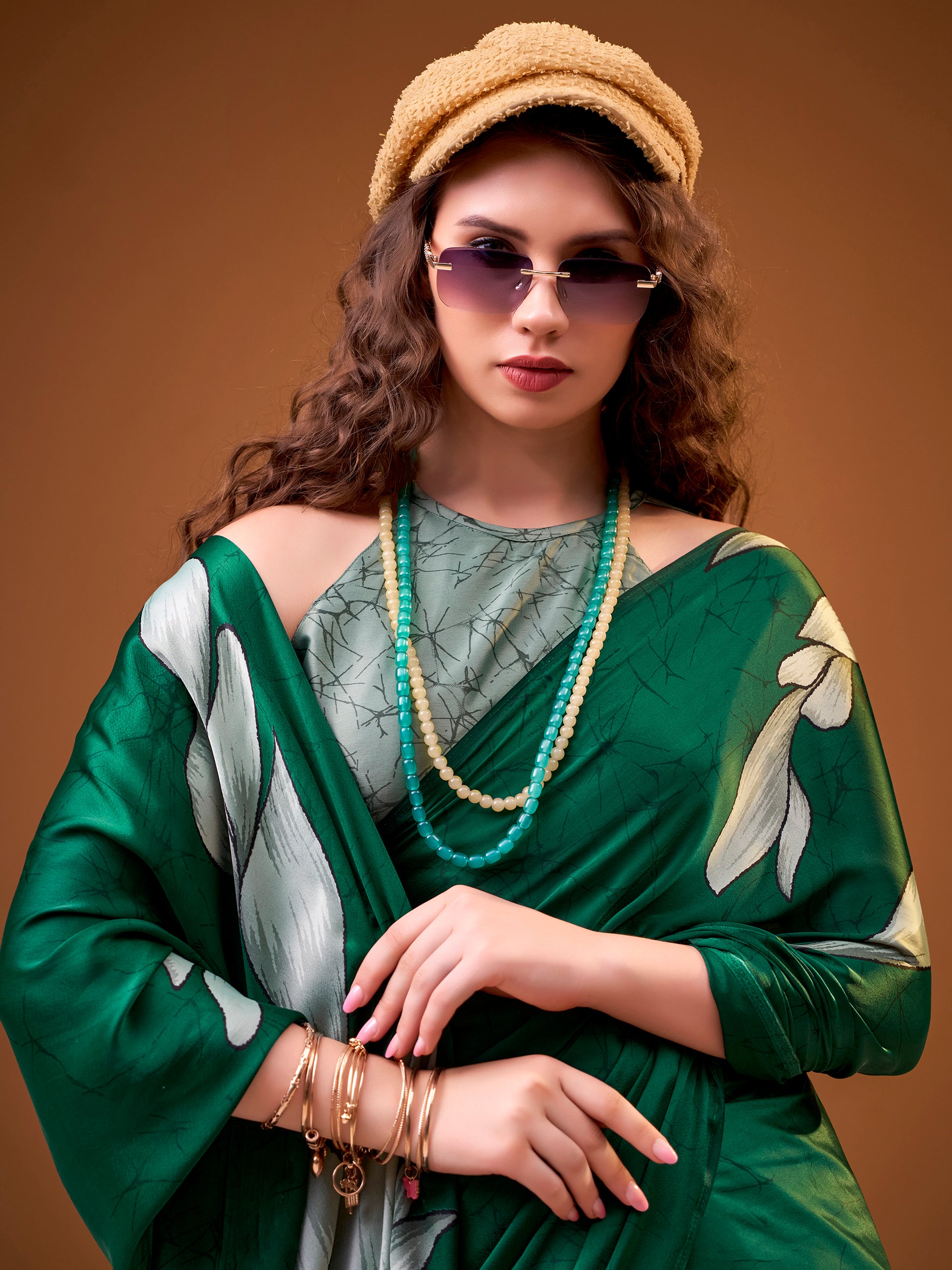 Fabulous Green Floral Printed Satin Festival Wear Saree With Blouse