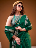 Fabulous Green Floral Printed Satin Festival Wear Saree With Blouse