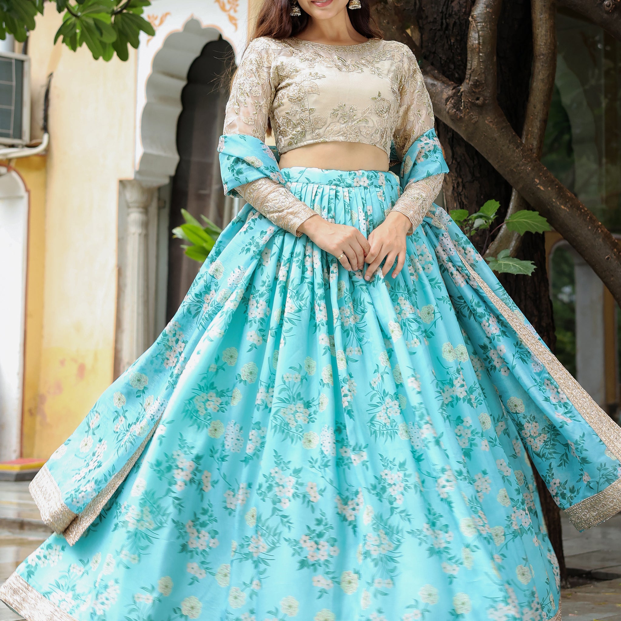 Beautiful Sky Blue Floral Print Organza Lehenga Choli With Dupatta
