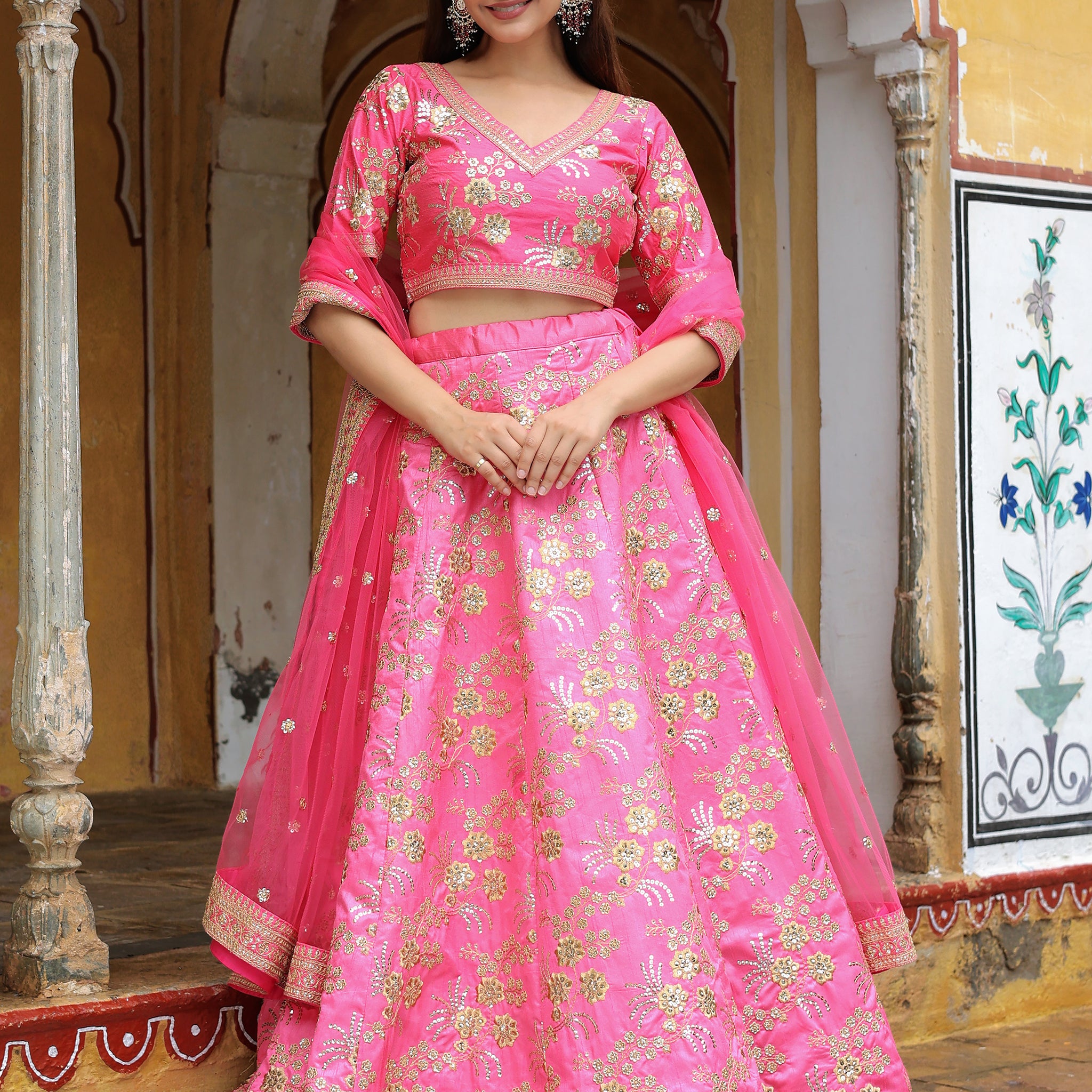Incredible Pink Embroidery Silk Engagement Wear Lehenga Choli