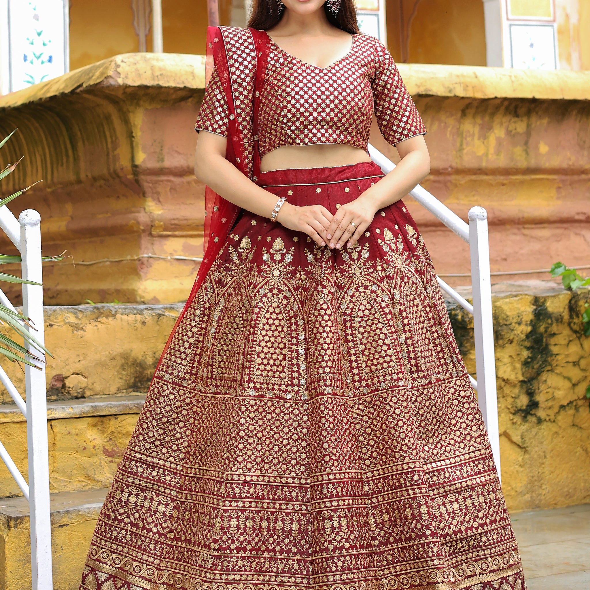 Beautiful Maroon Sequins Raw Silk Bridal Lehenga Choli With Dupatta