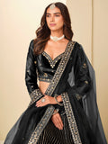 Dazzling Black Embroidered Velvet Wedding Wear Lehenga Choli With Dupatta
