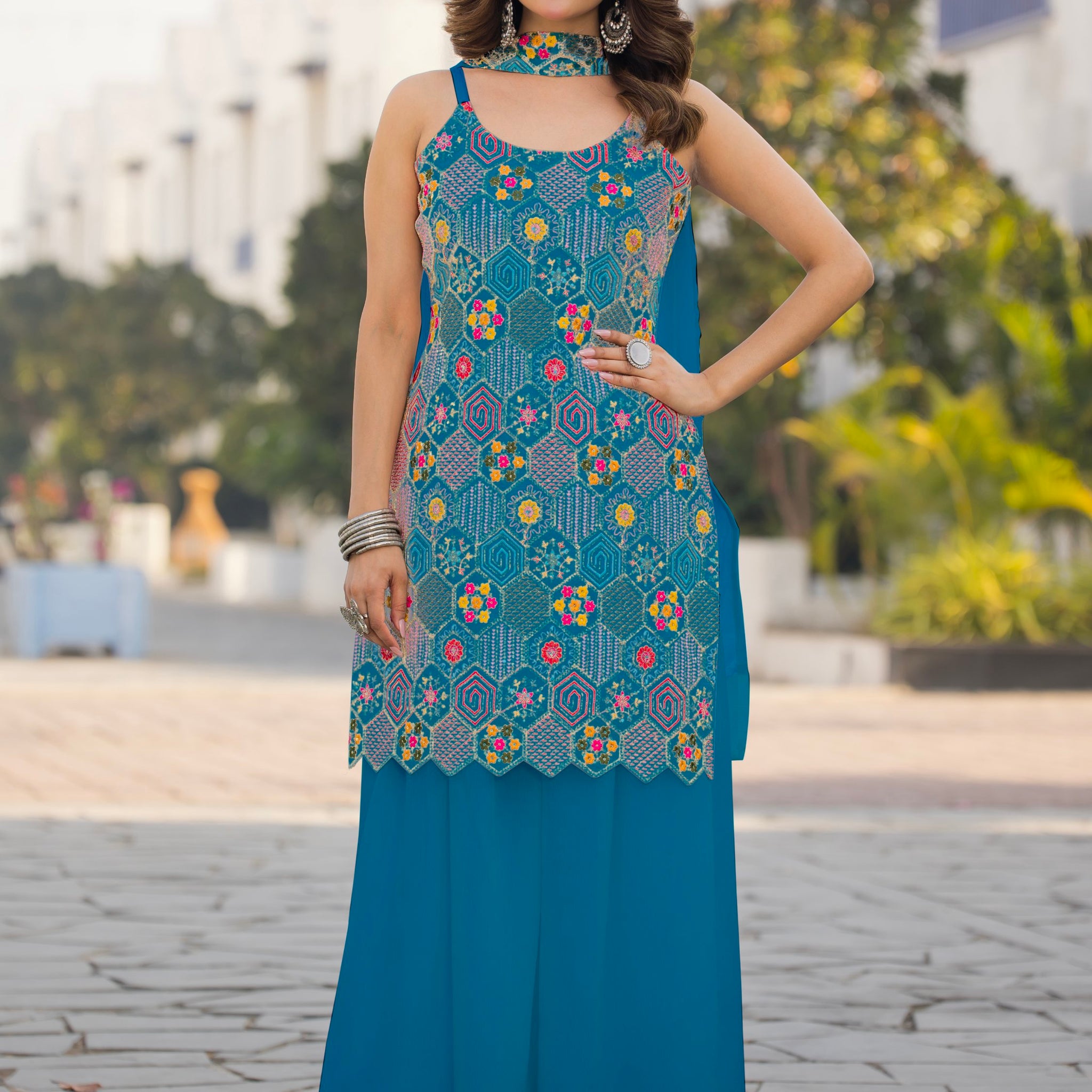 Wonderful Teal Blue Floral Embroidered Chinon Palazzo Suit With Dupatta