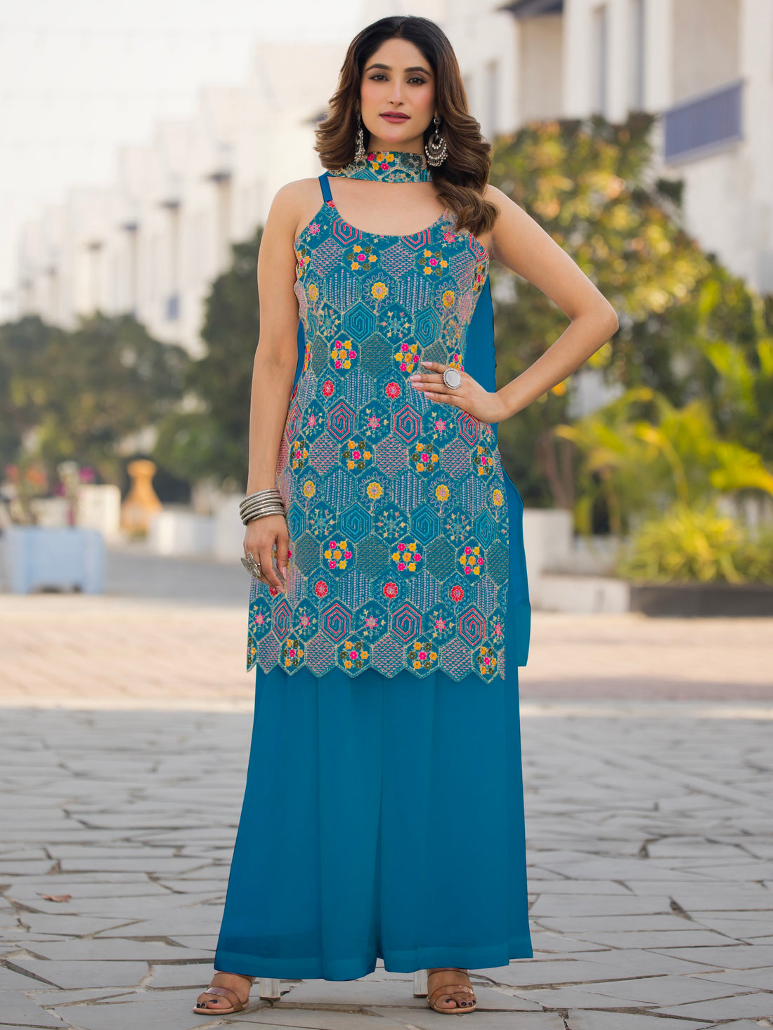 Wonderful Teal Blue Floral Embroidered Chinon Palazzo Suit With Dupatta