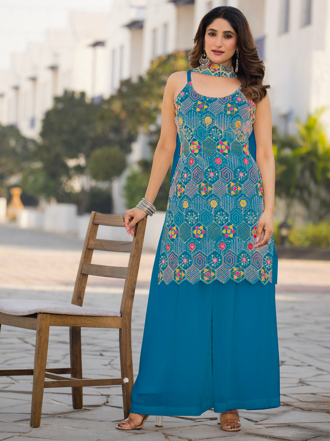 Wonderful Teal Blue Floral Embroidered Chinon Palazzo Suit With Dupatta