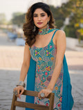 Wonderful Teal Blue Floral Embroidered Chinon Palazzo Suit With Dupatta