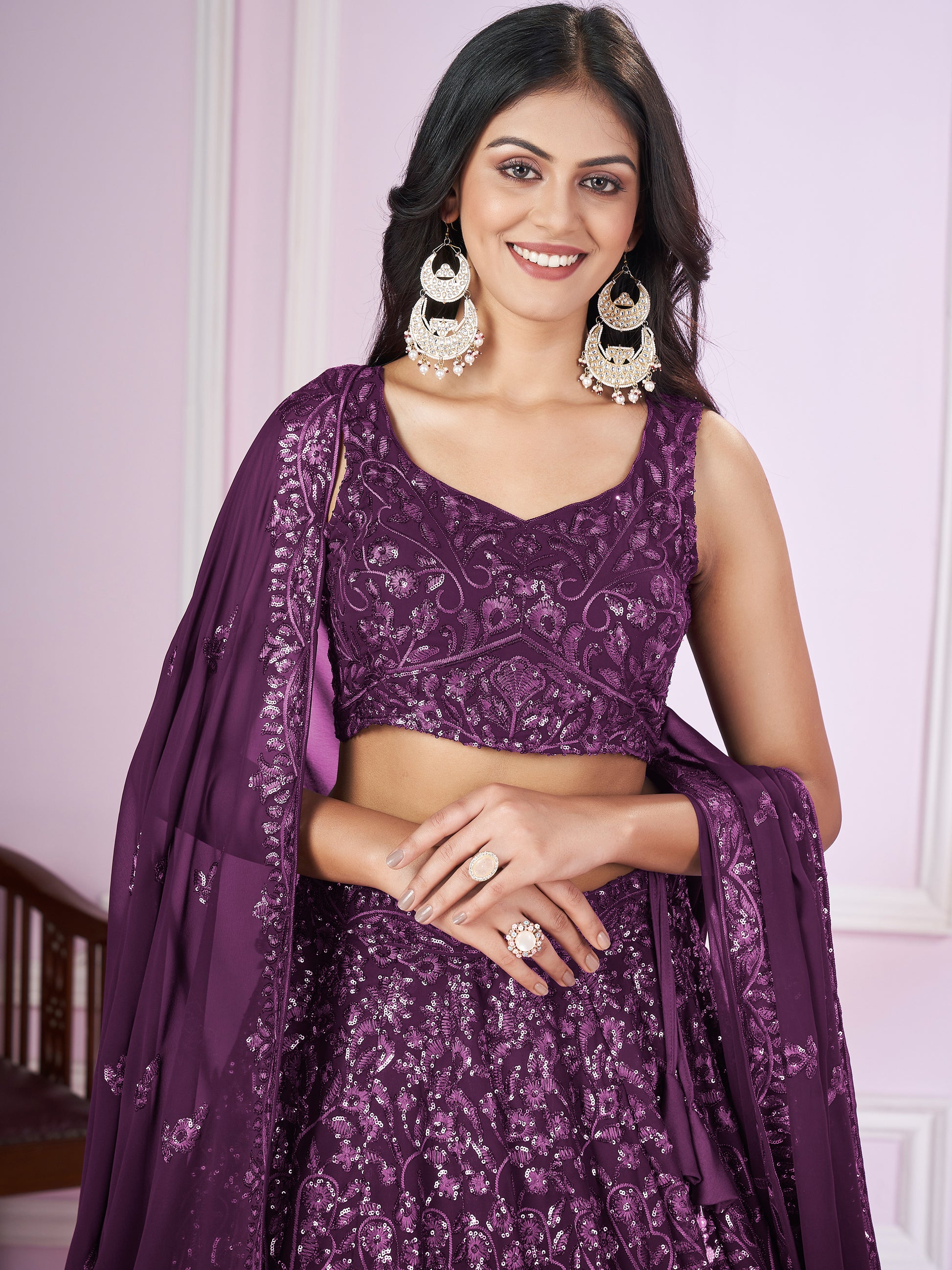 Beautiful Purple Sequins Georgette Wedding Lehenga Choli With Dupatta