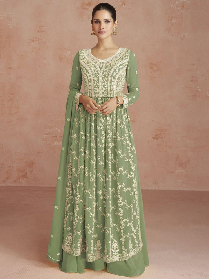Awesome Green Embroidered Georgette Event Wear Palazzo Suit