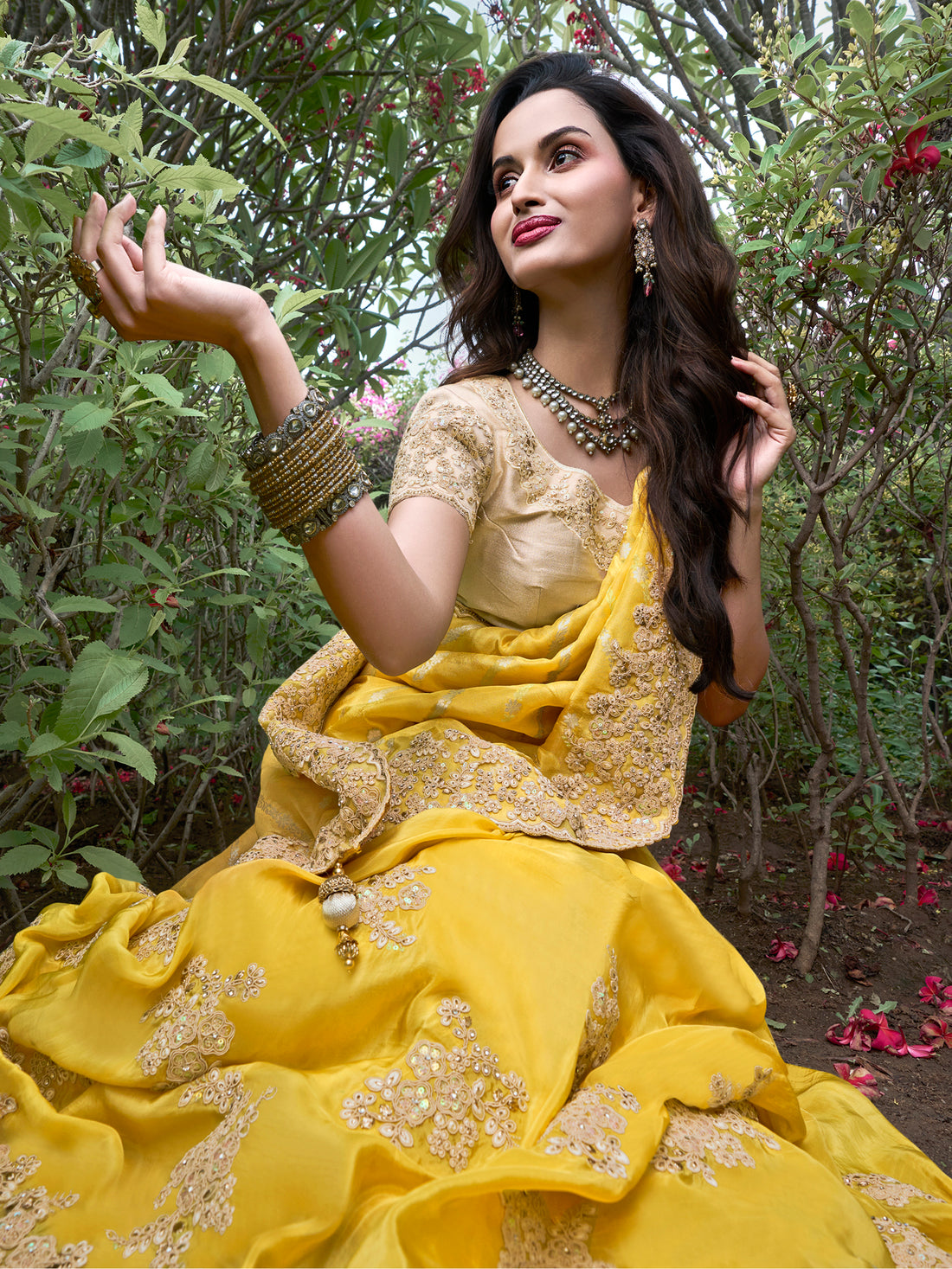 Fascinating Yellow Zari Weaving Organza Haldi Wear Saree With Blouse