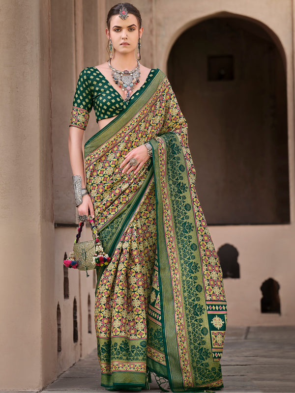 Enchanting Green Digital Printed Silk Mehendi Wear Saree With Blouse