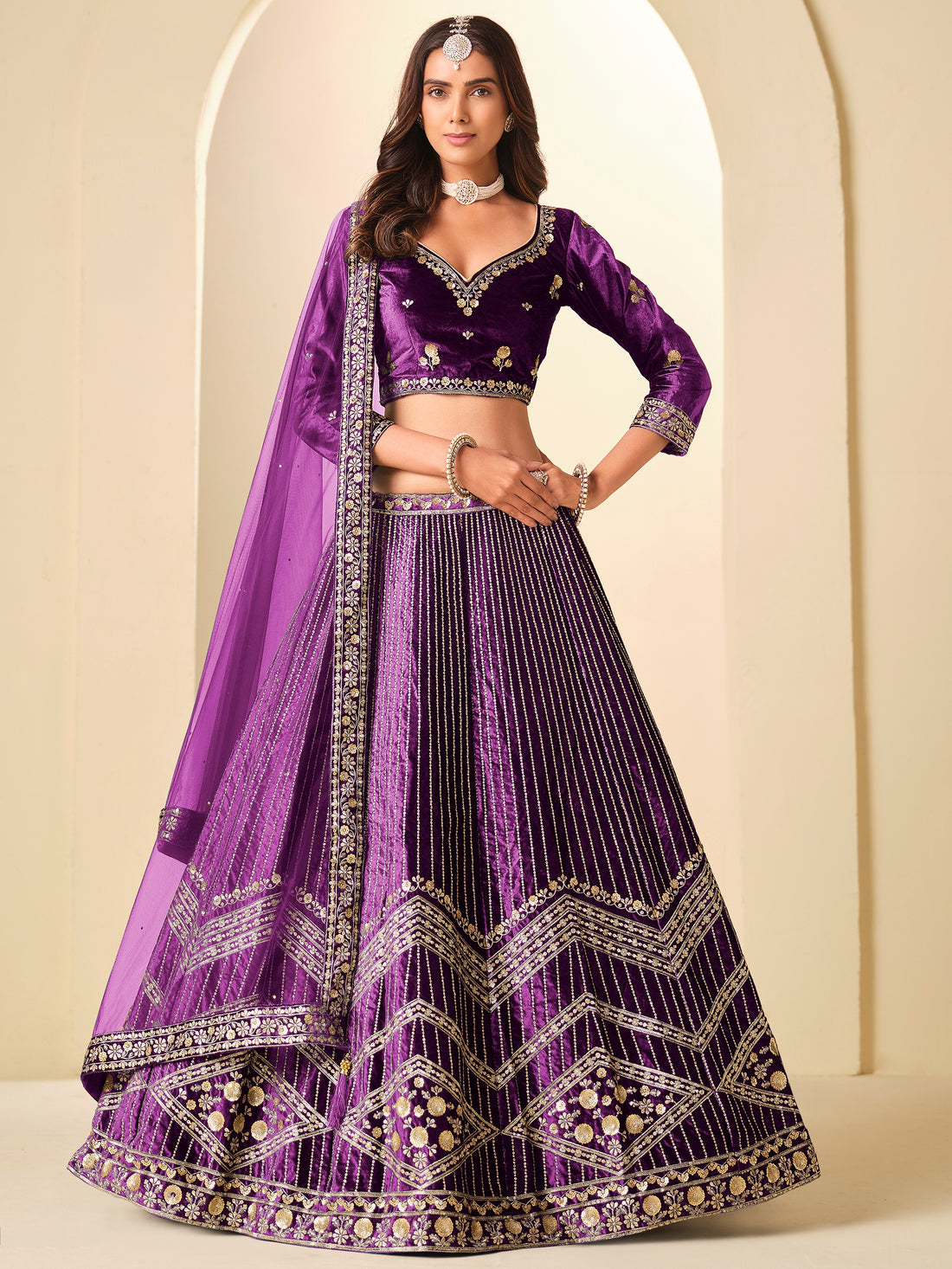 Glamorous Purple Sequins Work Velvet Festival Wear Lehenga Choli With Dupatta