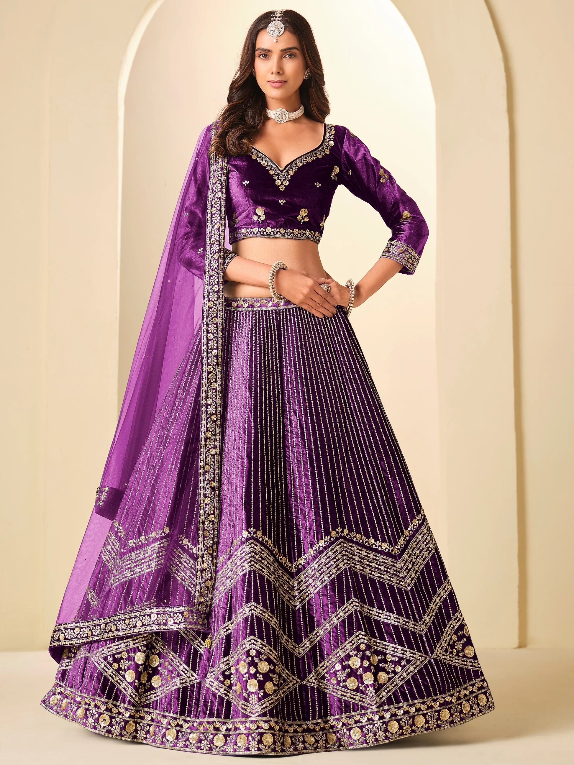 Glamorous Purple Sequins Work Velvet Festival Wear Lehenga Choli With Dupatta