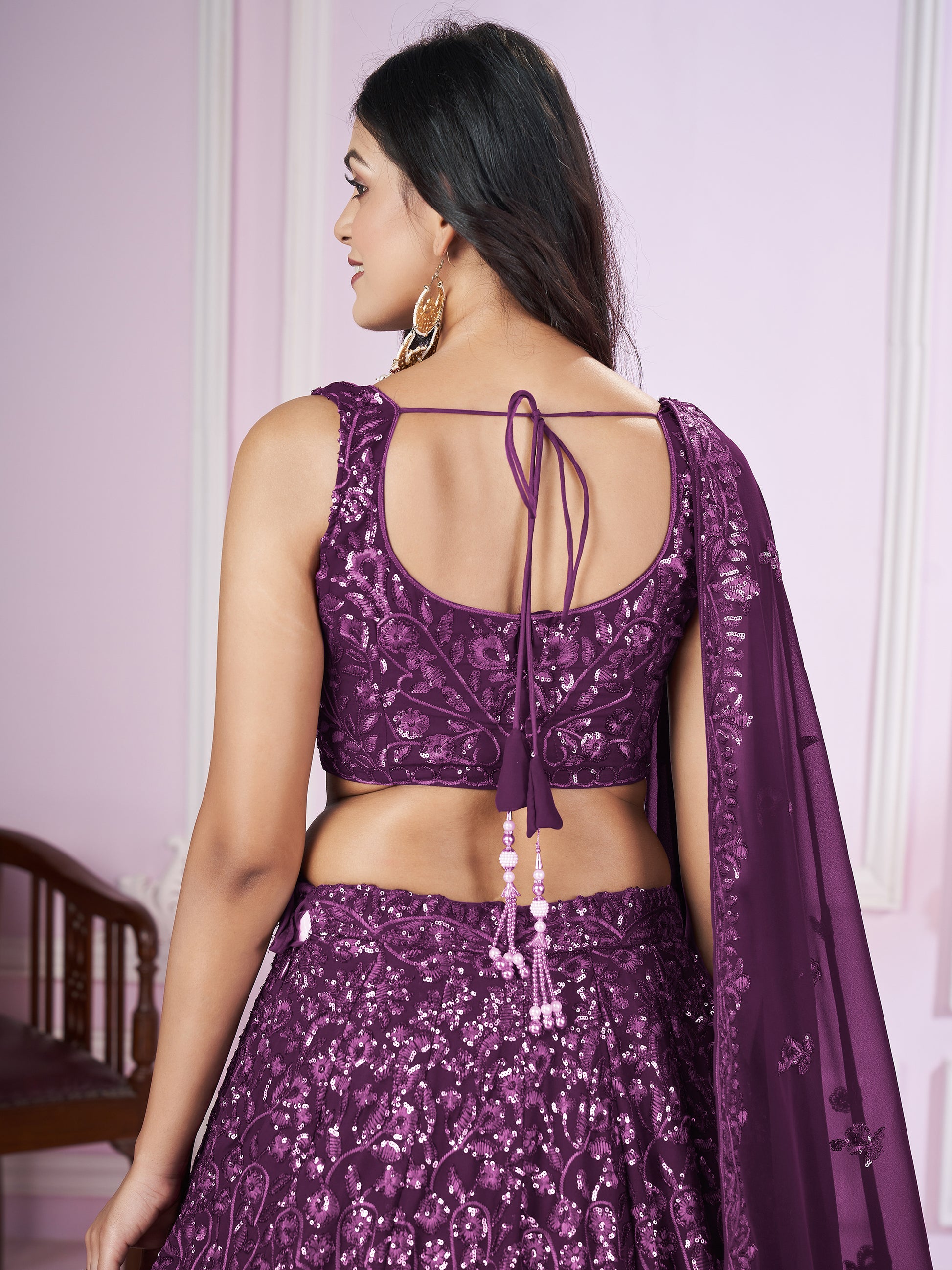 Beautiful Purple Sequins Georgette Wedding Lehenga Choli With Dupatta