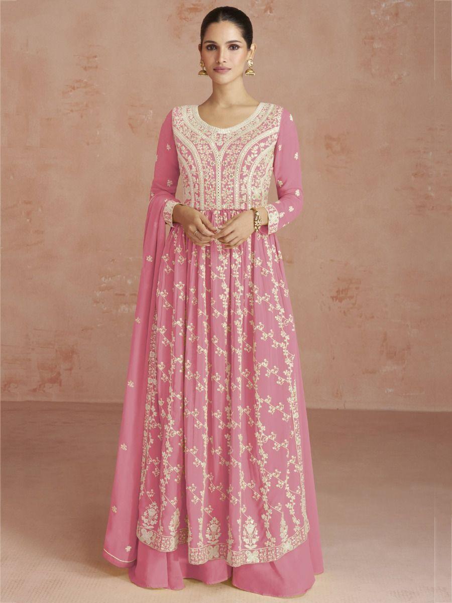 Improbable Pink Embroidered Georgette Traditional Palazzo Suit