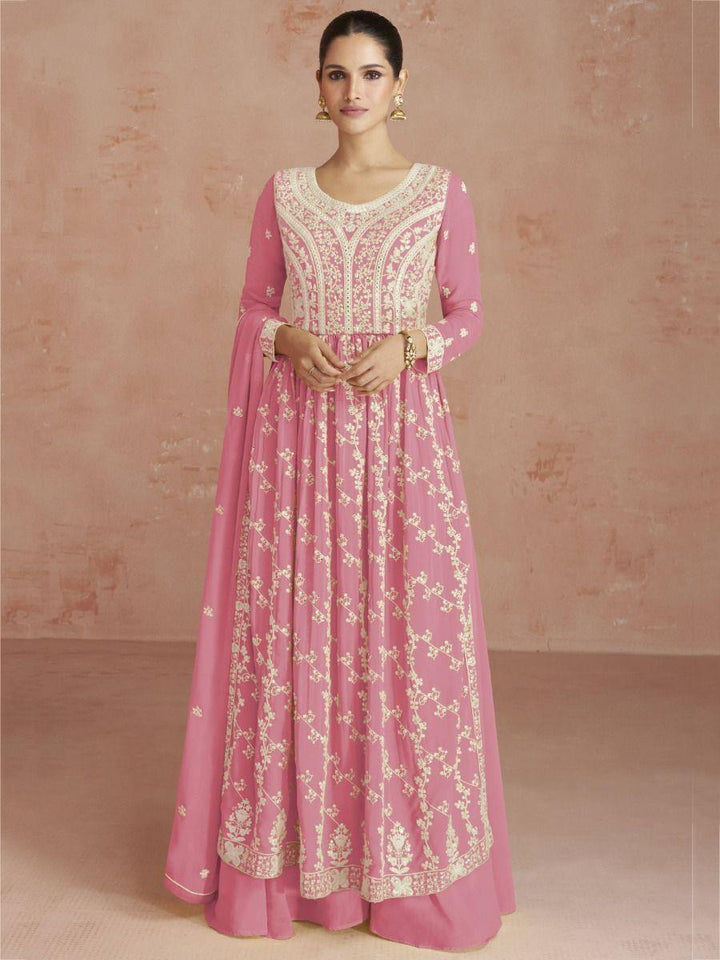Improbable Pink Embroidered Georgette Traditional Palazzo Suit