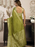Outstanding Olive Green Zari Weaving Cotton  Festival Wear Saree With Blouse
