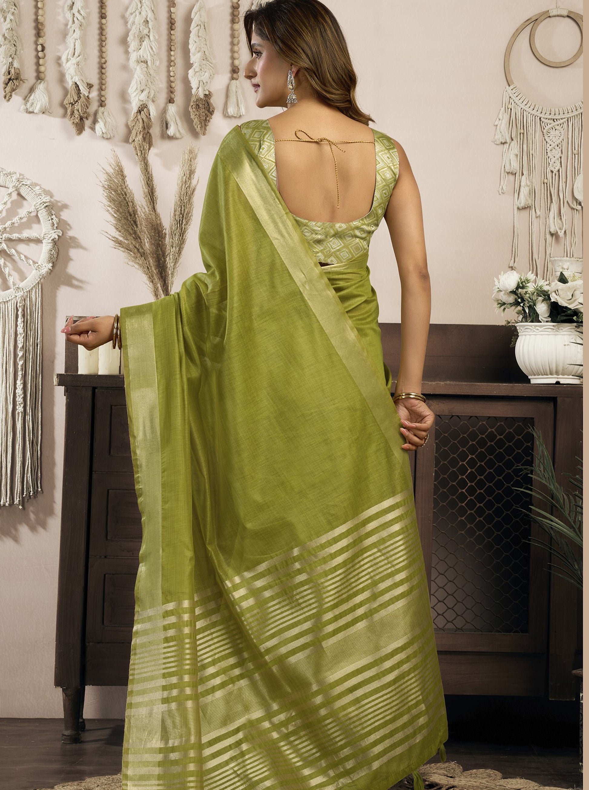 Outstanding Olive Green Zari Weaving Cotton  Festival Wear Saree With Blouse