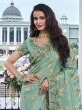 Attractive Sea Green Zari Weaving Organza Engagement Wear Saree