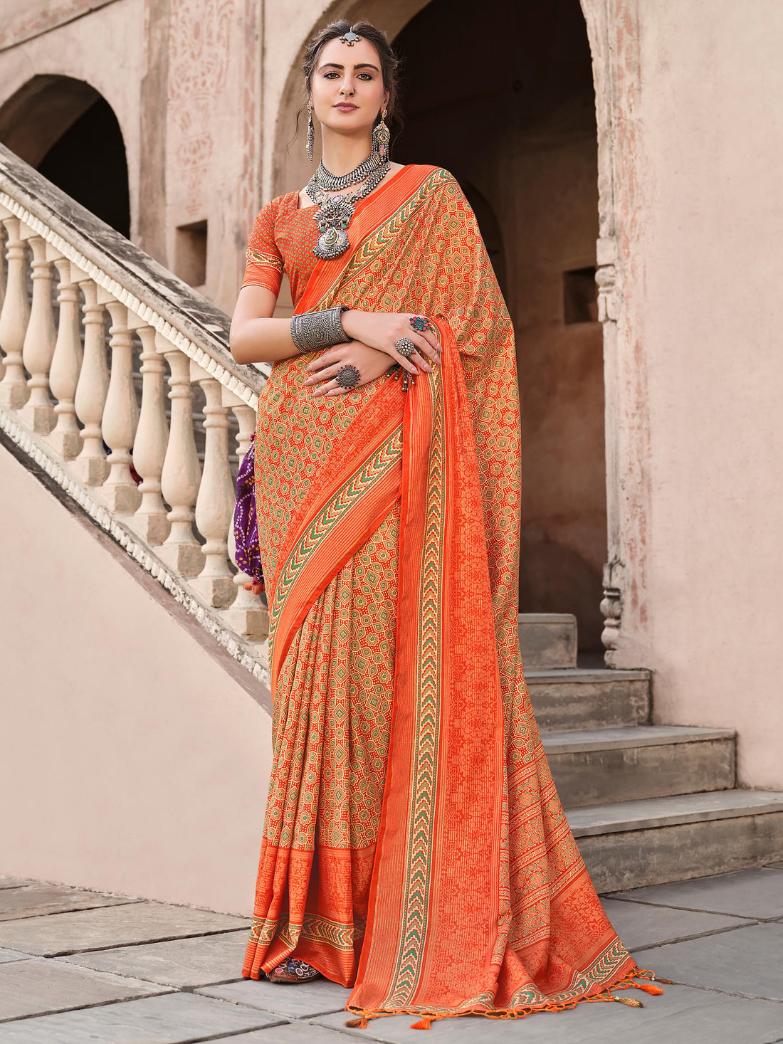 Glamorous Orange Digital Printed Silk Traditional Saree With Blouse