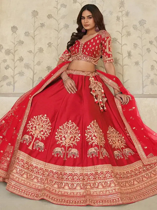 Fantabulous Red Zari Work Silk Bridal Lehenga Choli With Dupatta