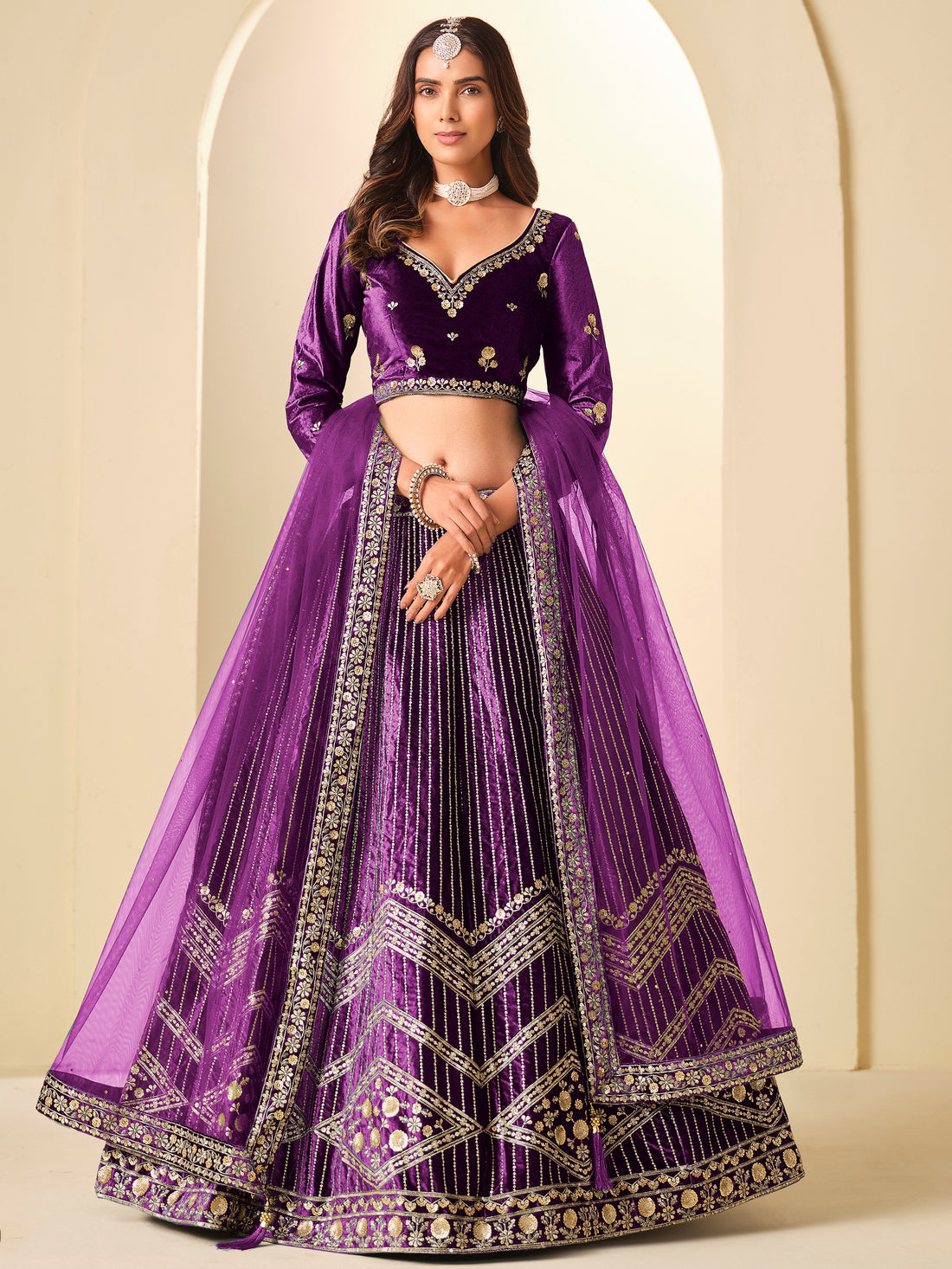 Glamorous Purple Sequins Work Velvet Festival Wear Lehenga Choli With Dupatta