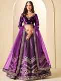 Glamorous Purple Sequins Work Velvet Festival Wear Lehenga Choli With Dupatta