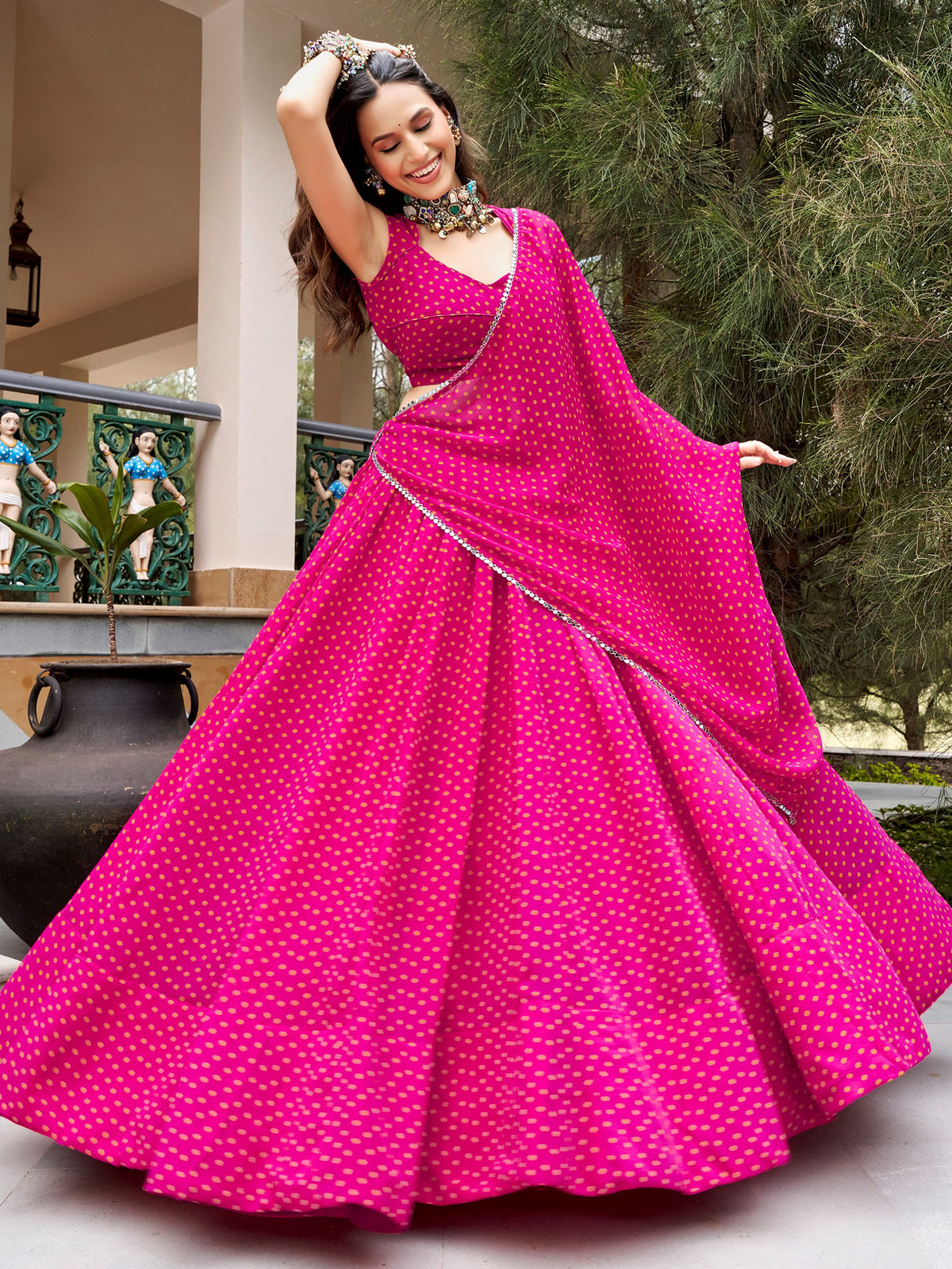 Fabulous Rani Pink Bandhej Print Georgette Navratri Wear Lehenga Choli