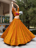 Chic Mustard Yellow Mirror Work Georgette Navratri Wear Lehenga Choli