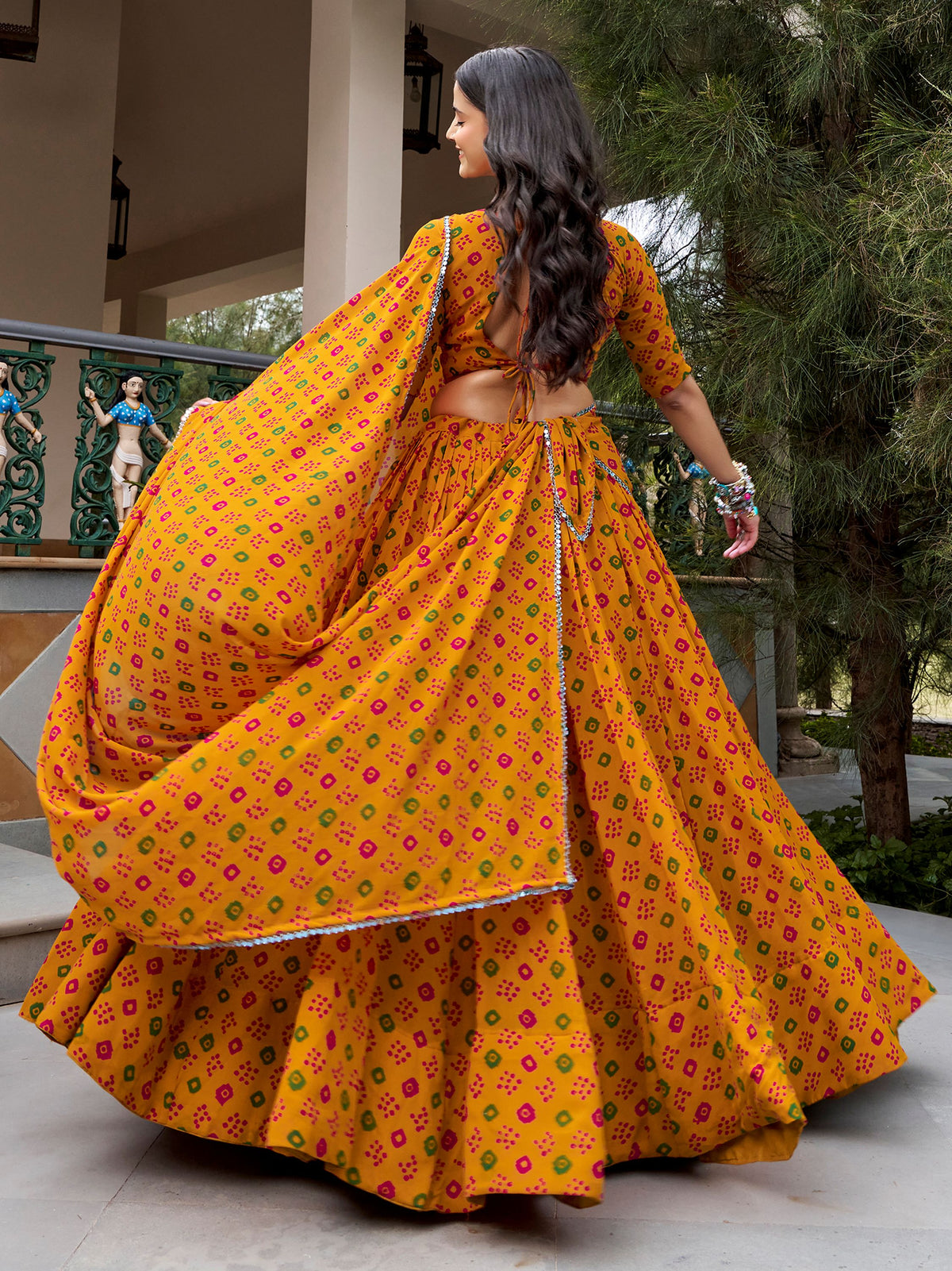 Chic Mustard Yellow Mirror Work Georgette Navratri Wear Lehenga Choli