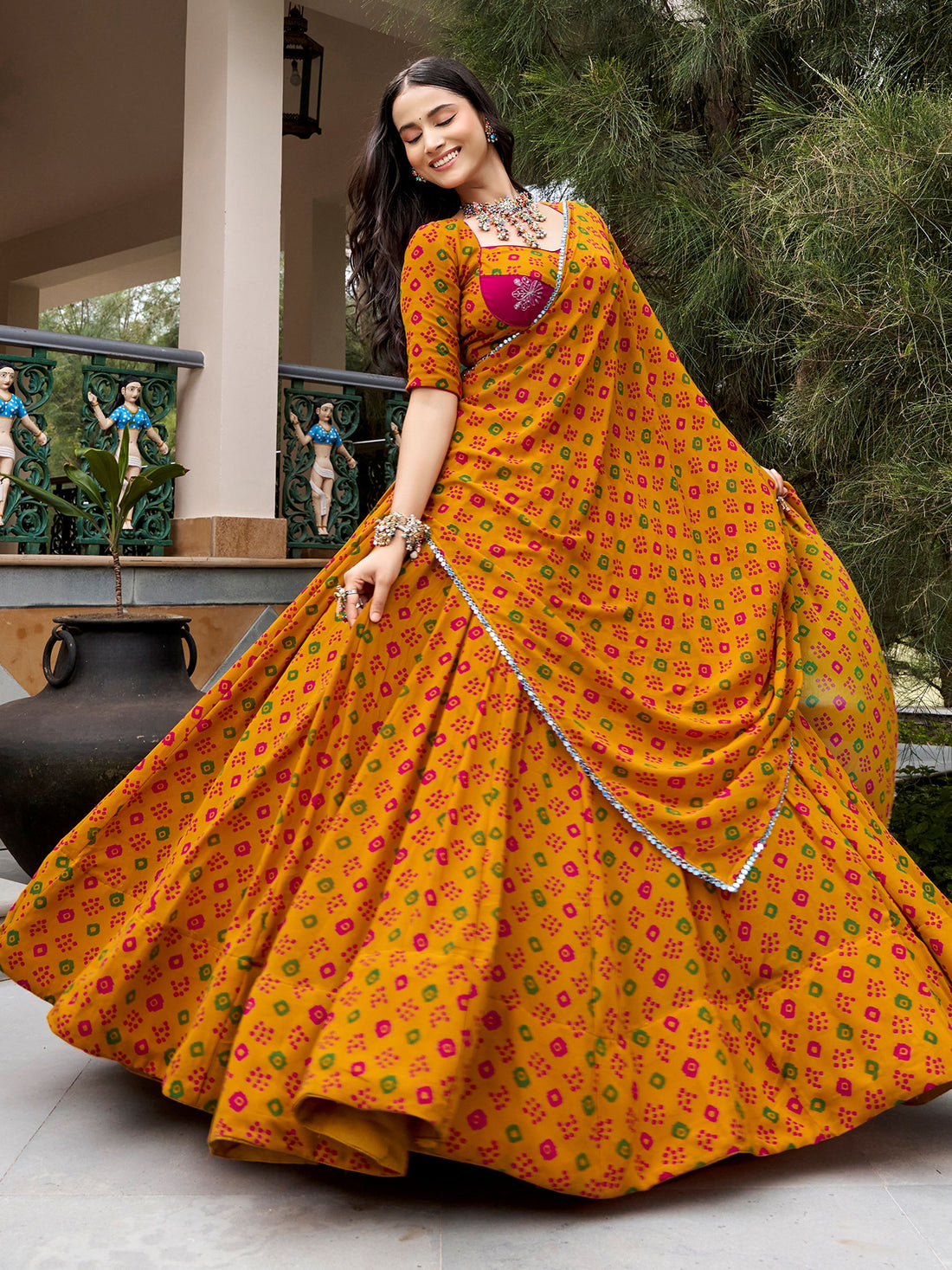 Chic Mustard Yellow Mirror Work Georgette Navratri Wear Lehenga Choli