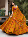 Chic Mustard Yellow Mirror Work Georgette Navratri Wear Lehenga Choli