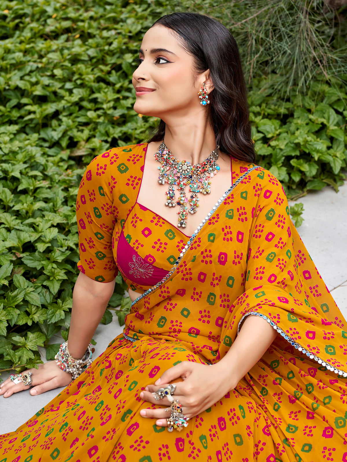 Chic Mustard Yellow Mirror Work Georgette Navratri Wear Lehenga Choli