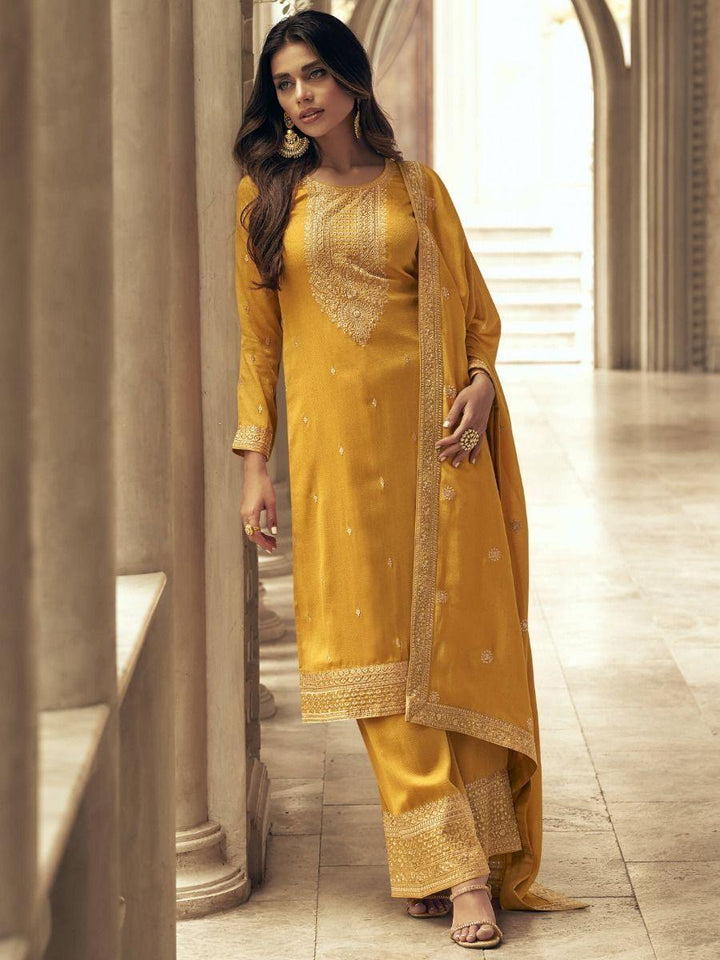 Enchanting Yellow Embroidered Silk Reception Wear Palazzo Suit