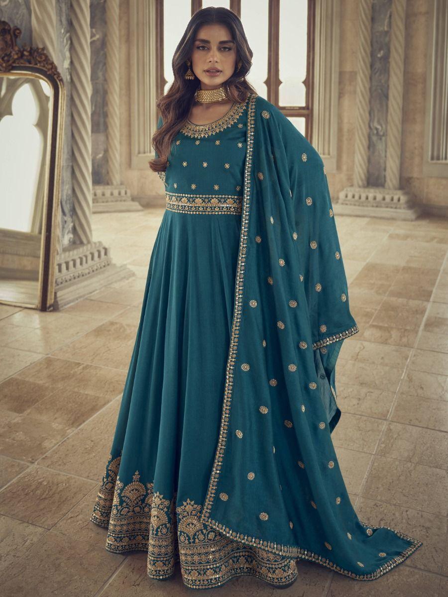 Wonderful Blue Embroidered Silk Wedding Wear Ready-made Gown