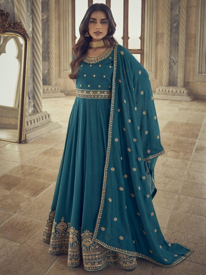 Wonderful Blue Embroidered Silk Wedding Wear Ready-made Gown