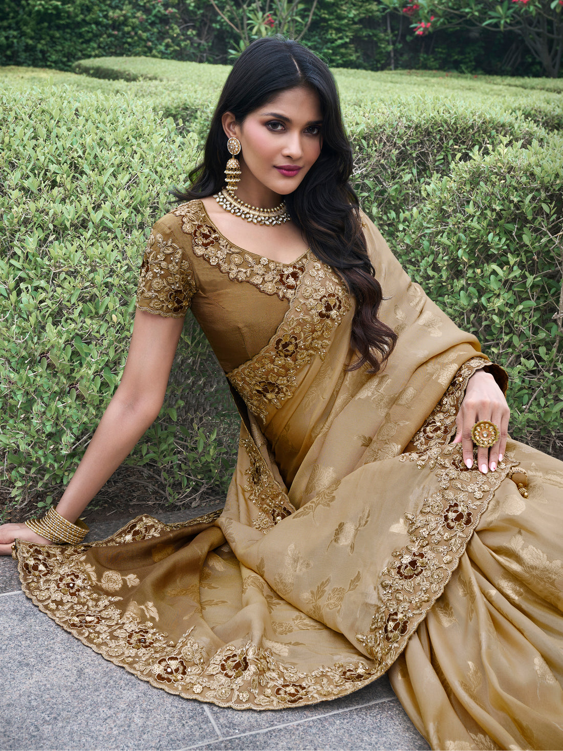 Adorable Brown Zari Woven Organza Silk Wedding Saree With Blouse