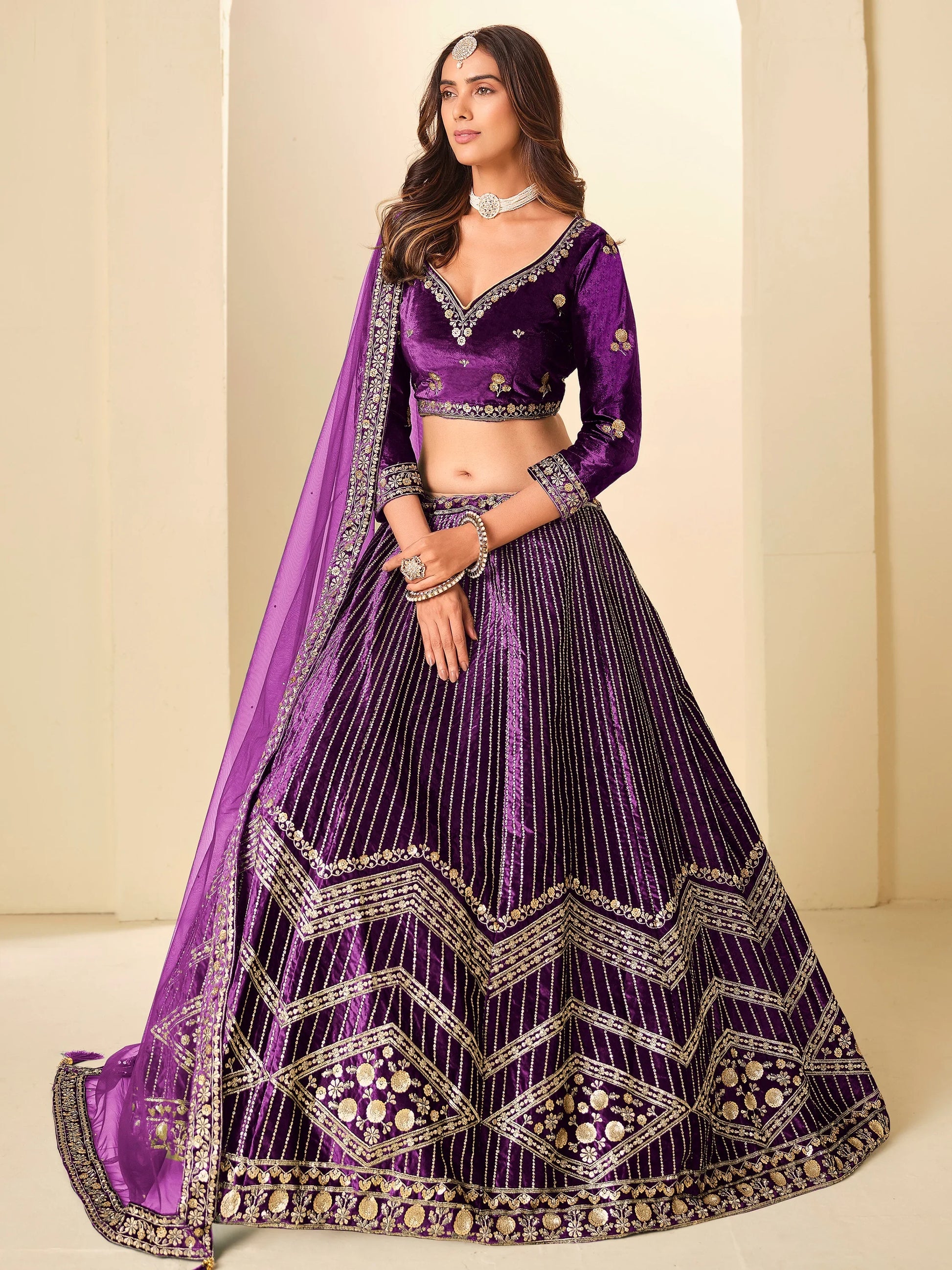 Glamorous Purple Sequins Work Velvet Festival Wear Lehenga Choli With Dupatta