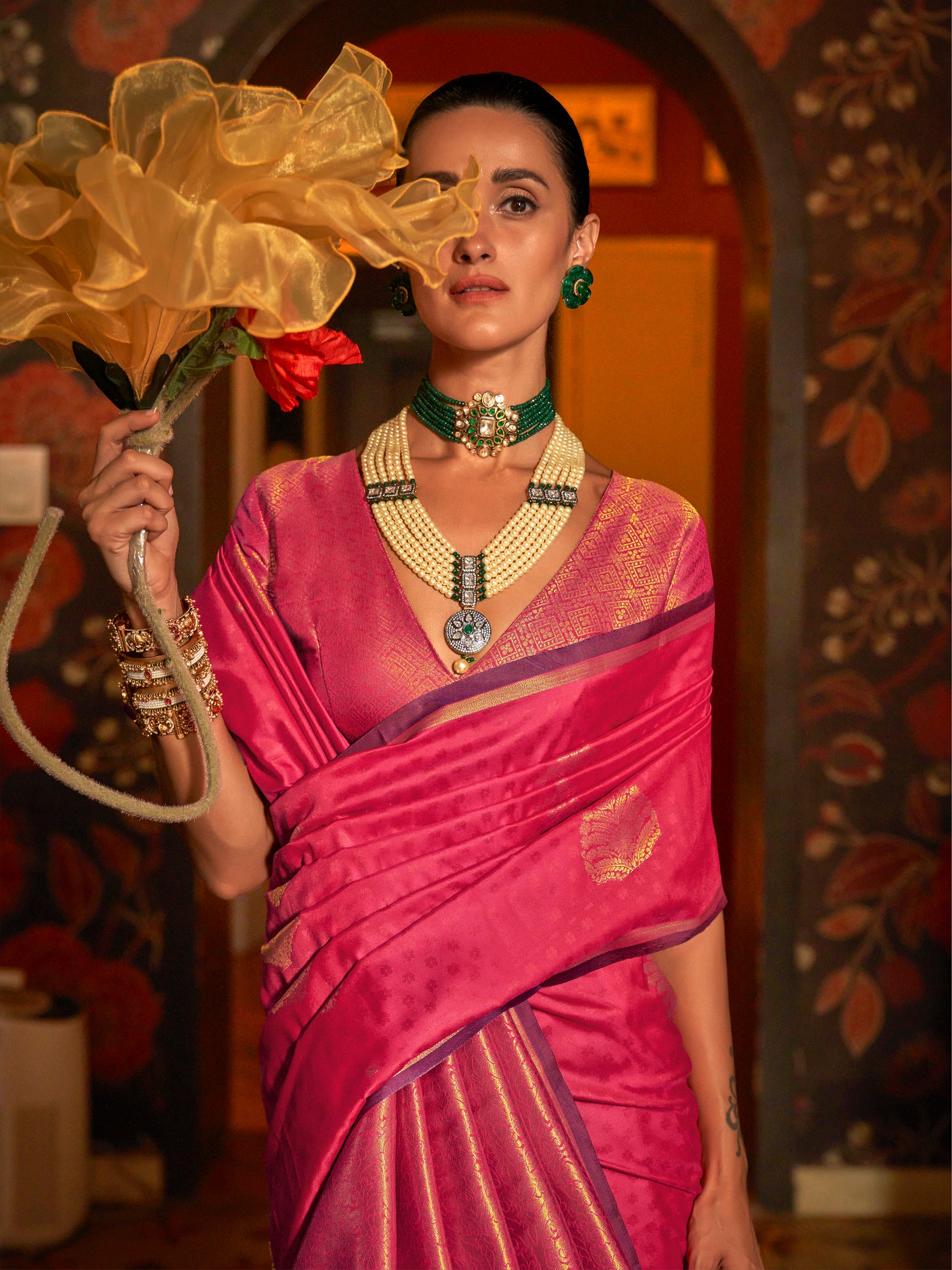 Alluring Pink Zari Weaving Silk Event Wear Saree With Blouse