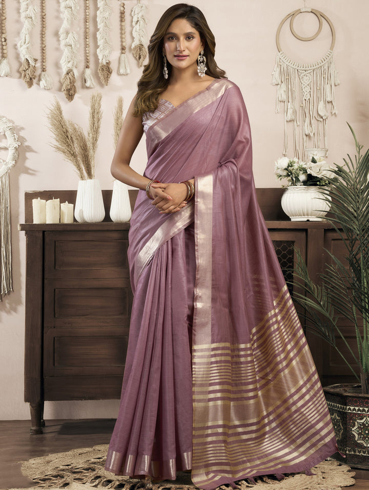 Gorgeous Mauve Pink Zari Weaving Khadi Casual Wear Saree With Blouse