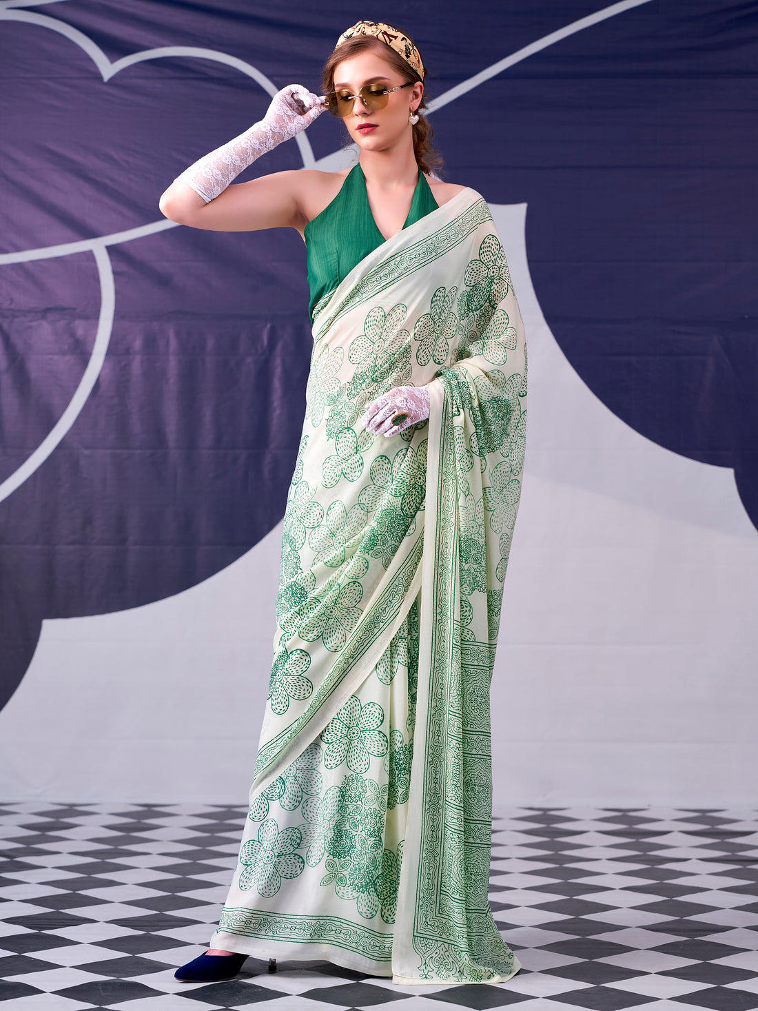 Majestic Pista Green Floral Printed Satin Event Wear Saree With Blouse