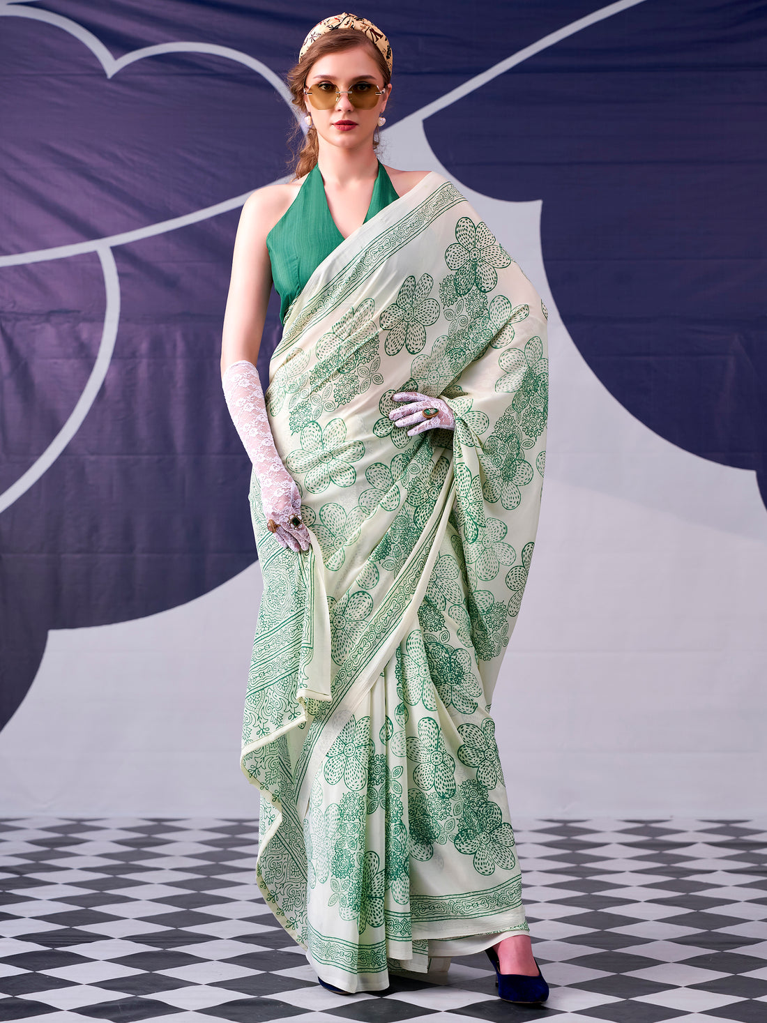 Majestic Pista Green Floral Printed Satin Event Wear Saree With Blouse