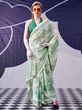 Majestic Pista Green Floral Printed Satin Event Wear Saree With Blouse