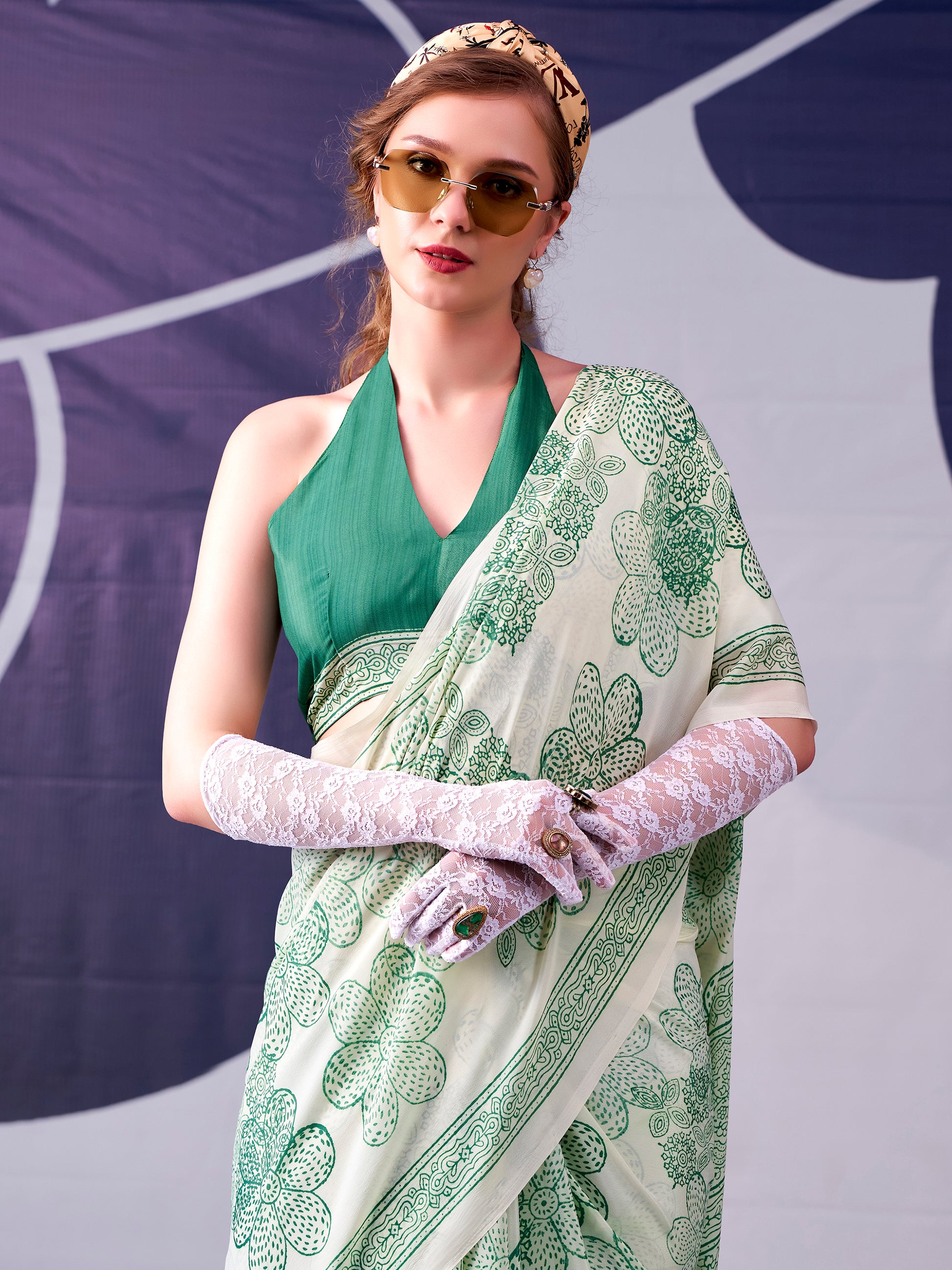 Majestic Pista Green Floral Printed Satin Event Wear Saree With Blouse