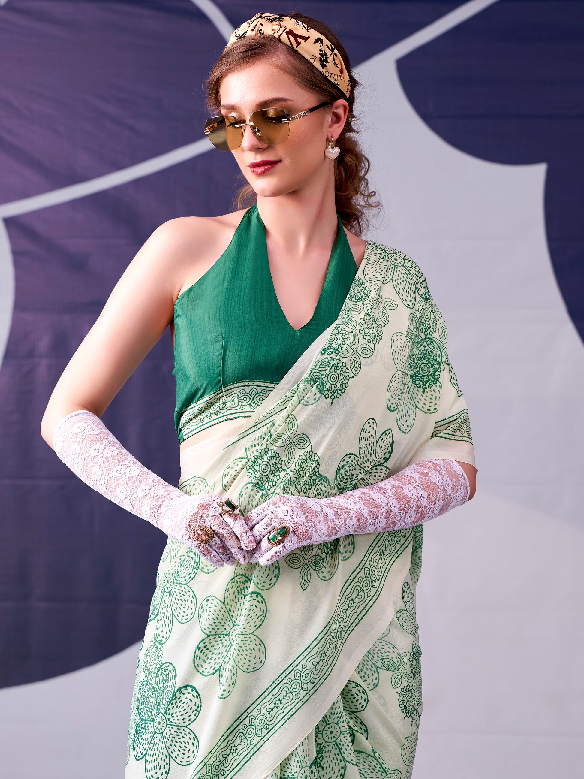 Majestic Pista Green Floral Printed Satin Event Wear Saree With Blouse