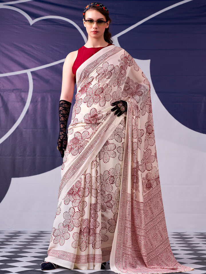 Alluring Maroon Floral Printed Satin Event Wear Saree With Blouse