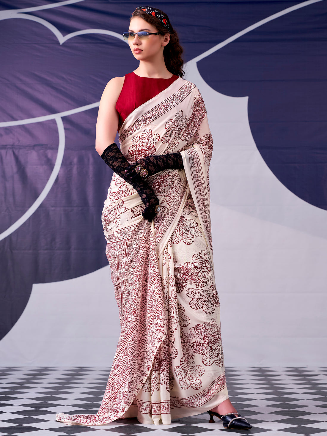 Alluring Maroon Floral Printed Satin Event Wear Saree With Blouse
